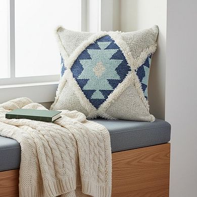 HomeRoots 20" X 20" Blue And Cream 100% Cotton Geometric Zippered Pillow