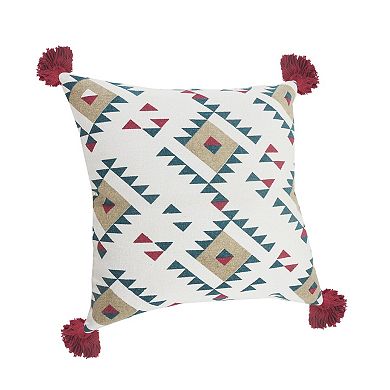 HomeRoots 20" X 20" White Burgundy Tan And Teal 100% Cotton Geometric Zippered Pillow
