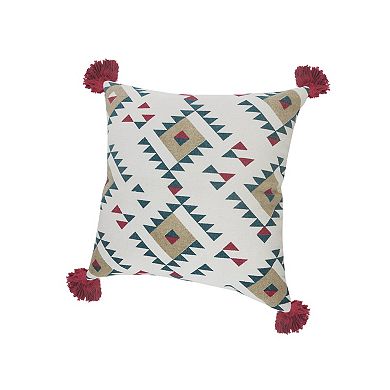 HomeRoots 20" X 20" White Burgundy Tan And Teal 100% Cotton Geometric Zippered Pillow