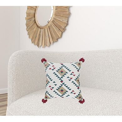 HomeRoots 20" X 20" White Burgundy Tan And Teal 100% Cotton Geometric Zippered Pillow