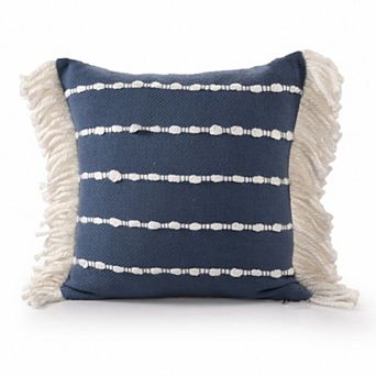 HomeRoots 20" Navy Blue And Ivory Cotton Striped Throw Pillow with Fringe