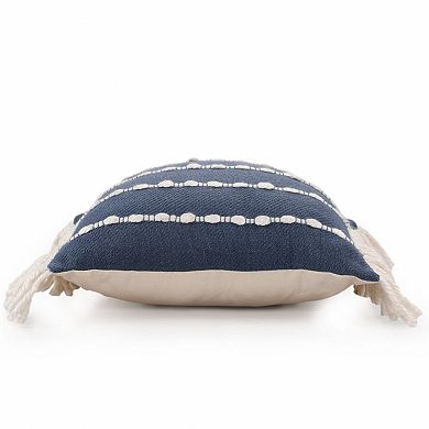 HomeRoots 20" Navy Blue And Ivory Cotton Striped Throw Pillow with Fringe