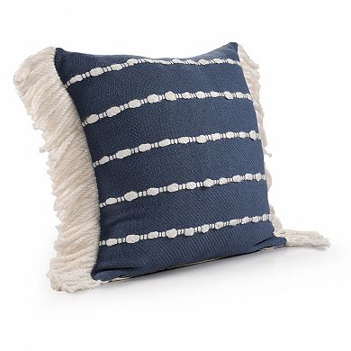 HomeRoots 20" Navy Blue And Ivory Cotton Striped Throw Pillow with Fringe