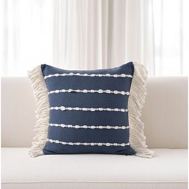 HomeRoots 20" Navy Blue And Ivory Cotton Striped Throw Pillow with Fringe