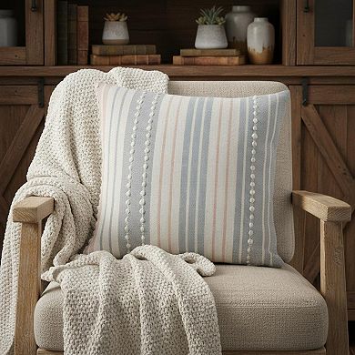 HomeRoots 20" X 20" White Blue Gray And Tan 100% Cotton Striped Zippered Pillow