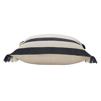 HomeRoots 26" X 26" Ensign Blue White And Linen 100% Cotton Striped Zippered Pillow