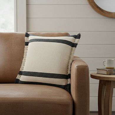 HomeRoots 26" X 26" Ensign Blue White And Linen 100% Cotton Striped Zippered Pillow