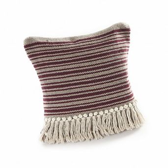 HomeRoots 20" Maroon And Tan Cotton Striped Throw Pillow with Fringe