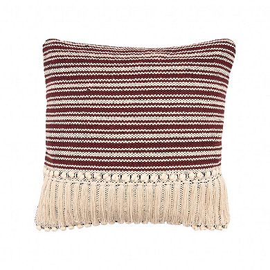 HomeRoots 20" Maroon And Tan Cotton Striped Throw Pillow with Fringe