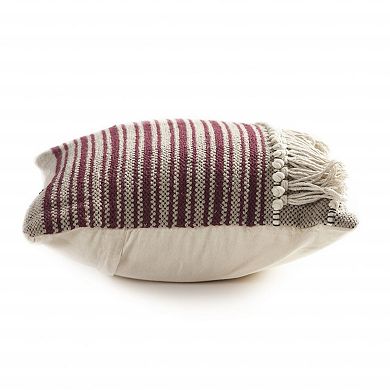 HomeRoots 20" Maroon And Tan Cotton Striped Throw Pillow with Fringe