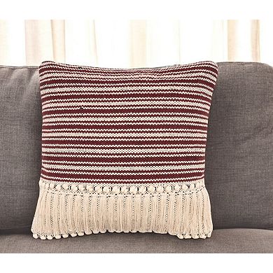 HomeRoots 20" Maroon And Tan Cotton Striped Throw Pillow with Fringe