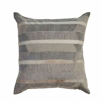 HomeRoots 20" Beige Gray and Ivory Striped Wool and Faux Hide Throw Pillow