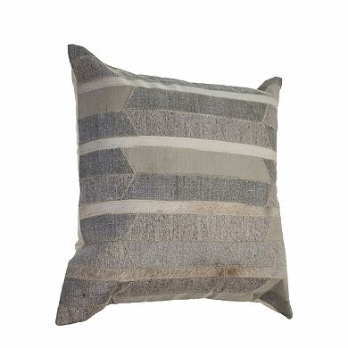 HomeRoots 20" Beige Gray and Ivory Striped Wool and Faux Hide Throw Pillow