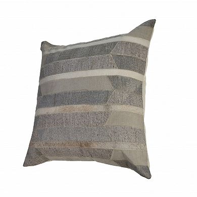 HomeRoots 20" Beige Gray and Ivory Striped Wool and Faux Hide Throw Pillow