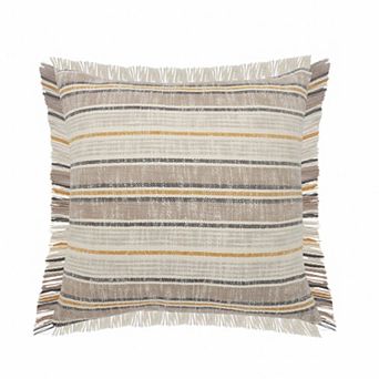 HomeRoots 20" X 20" Taupe Gray Yellow And Navy 100% Cotton Striped Zippered Pillow