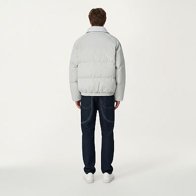Men's Quilted Puffer Jacket with Stand Collar Snap Front and Ribbed Hem