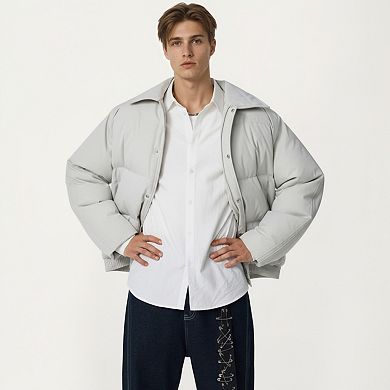 Men's Quilted Puffer Jacket with Stand Collar Snap Front and Ribbed Hem