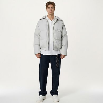 Men's Quilted Puffer Jacket with Stand Collar Snap Front and Ribbed Hem