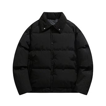 Men's Quilted Puffer Jacket with Stand Collar Snap Front and Ribbed Hem