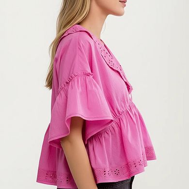 Womens Short Sleeve V Neck Eyelet Trim Babydoll Woven Blouse Top
