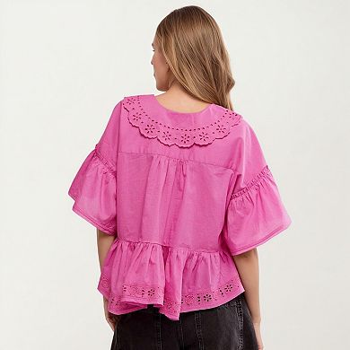 Womens Short Sleeve V Neck Eyelet Trim Babydoll Woven Blouse Top