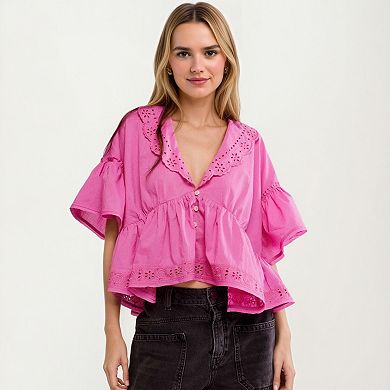 Womens Short Sleeve V Neck Eyelet Trim Babydoll Woven Blouse Top