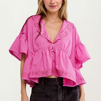 Womens Short Sleeve V Neck Eyelet Trim Babydoll Woven Blouse Top