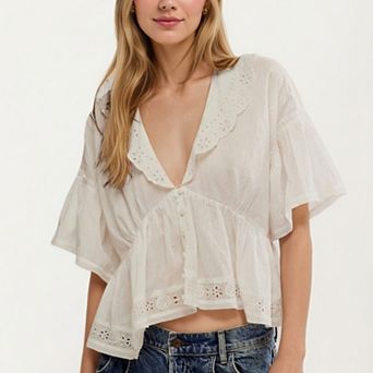 Womens Short Sleeve V Neck Eyelet Trim Babydoll Woven Blouse Top