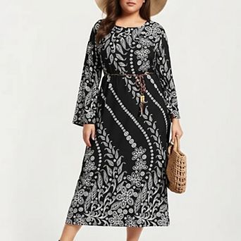 Women's Plus Size Paisley Print Long Sleeve Midi Dress with Round Neckline and Adjustable Waist Tie