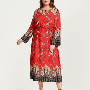 Women's Plus Size Paisley Print Long Sleeve Midi Dress with Round Neckline and Adjustable Waist Tie