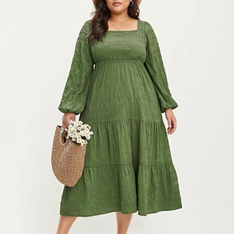 Women's Plus Size Long Sleeve Square Neck Midi Dress with Smocked Bodice and Tiered Flowy Skirt