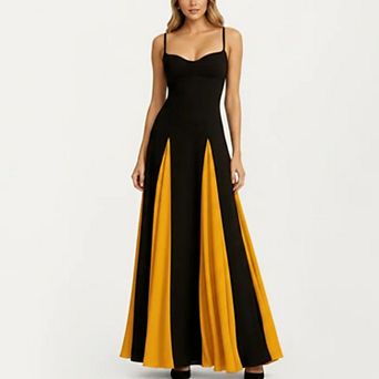 Women's Spaghetti Strap Floor Length Dress with Fitted Bodice Flowing Skirt