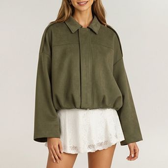Womens Cropped Faux Suede Jacket with Collared Neck and Relaxed Fit
