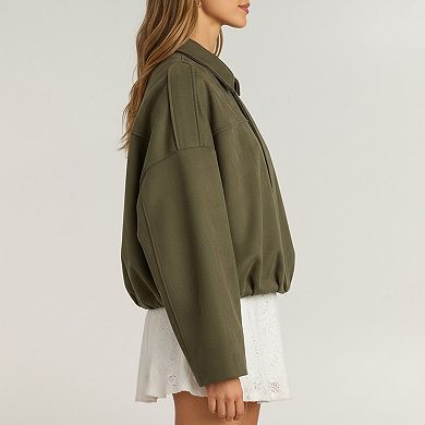Womens Cropped Faux Suede Jacket with Collared Neck and Relaxed Fit