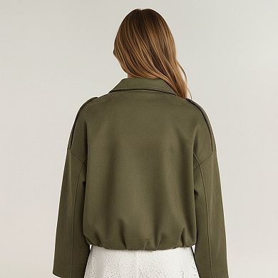 Womens Cropped Faux Suede Jacket with Collared Neck and Relaxed Fit