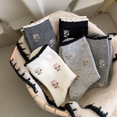 Women's 5-Pair Floral Print Crew Socks Soft Lightweight Everyday Socks with Delicate Pattern Detail