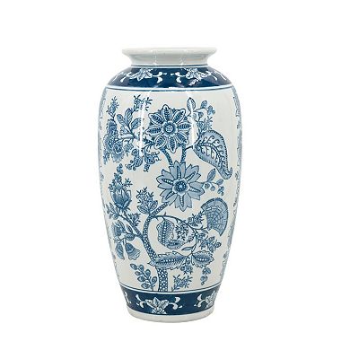 HomeRoots 15" Light Blue And White Floral Porcelain Urn Vase