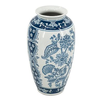 HomeRoots 15" Light Blue And White Floral Porcelain Urn Vase