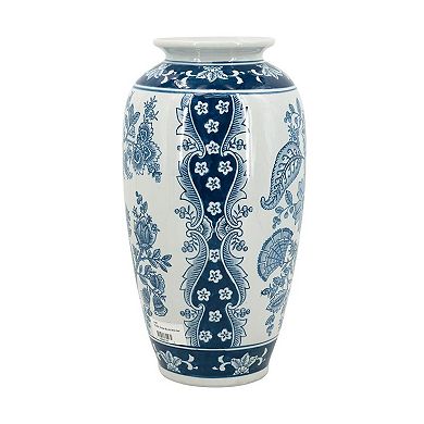 HomeRoots 15" Light Blue And White Floral Porcelain Urn Vase