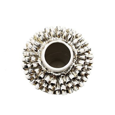 HomeRoots 10" White Round Ceramic Table Vase With Sculptural Details