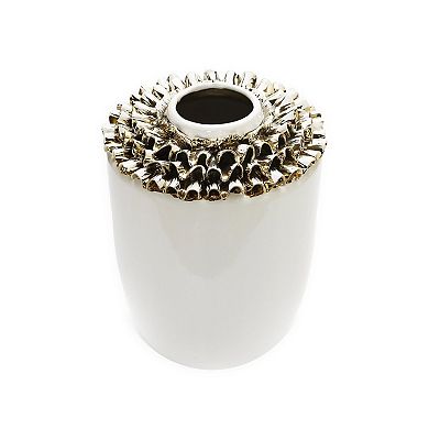 HomeRoots 10" White Round Ceramic Table Vase With Sculptural Details