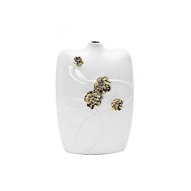 HomeRoots 14" White Floral Ceramic Table Vase With Sculptural Details