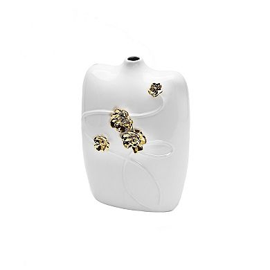 HomeRoots 14" White Floral Ceramic Table Vase With Sculptural Details