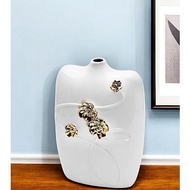 HomeRoots 14" White Floral Ceramic Table Vase With Sculptural Details