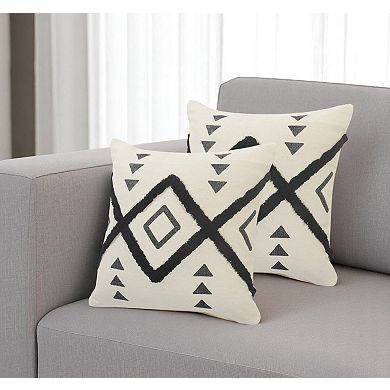 HomeRoots Set of Two 20" Natural And Black Geometric Cotton Throw Pillows with Texture