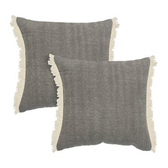 HomeRoots Set of Two 20" Gray And Off White Cotton Throw Pillows with Fringe