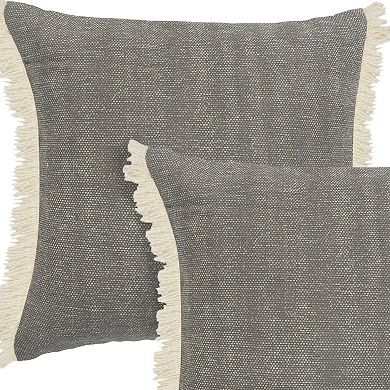 HomeRoots Set of Two 20" Gray And Off White Cotton Throw Pillows with Fringe