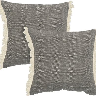 HomeRoots Set of Two 20" Gray And Off White Cotton Throw Pillows with Fringe