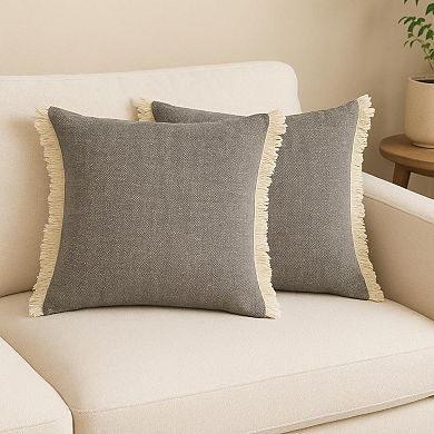 HomeRoots Set of Two 20" Gray And Off White Cotton Throw Pillows with Fringe