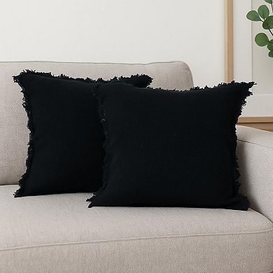 HomeRoots Set of Two 20" Black Cotton Throw Pillows with Fringe